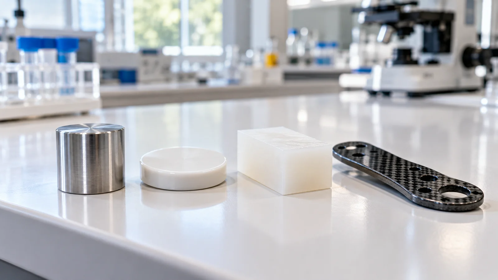 Campioni di titanio, ceramica e polimero su un banco da laboratorio