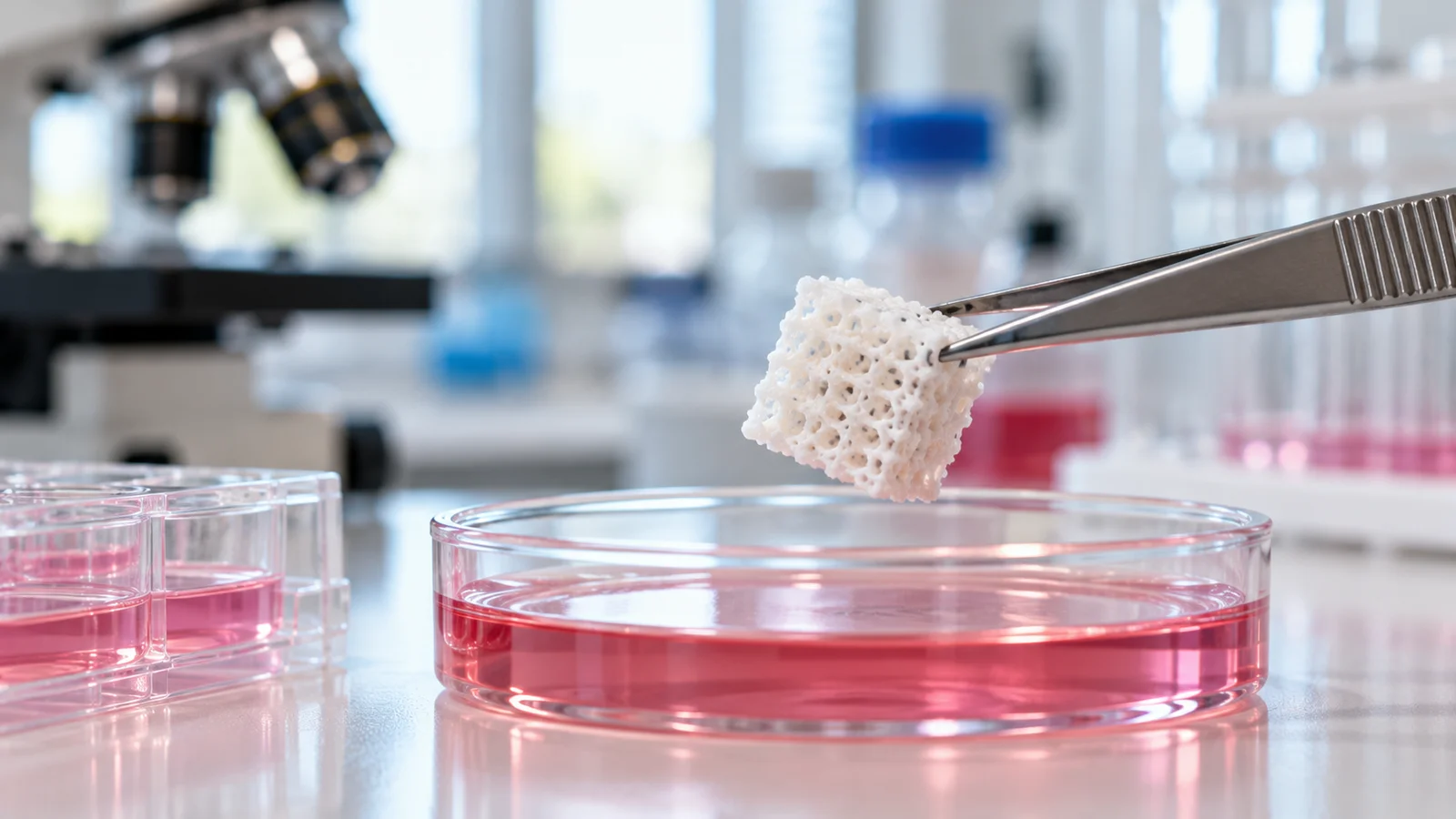 Scaffold poroso bianco stampato in 3D tenuto con una pinzetta sopra una piastra di coltura